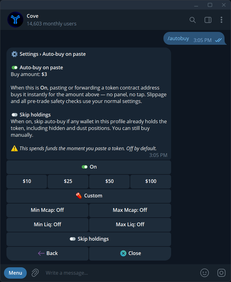 Amount, min/max market cap and liquidity, Skip holdings, and enabled state.