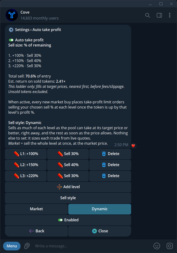 Auto TP level and Market / Dynamic sell style.