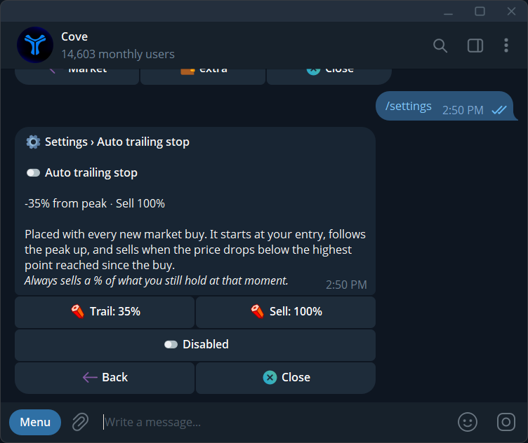 Auto trailing stop trigger, sell size, and enabled state.