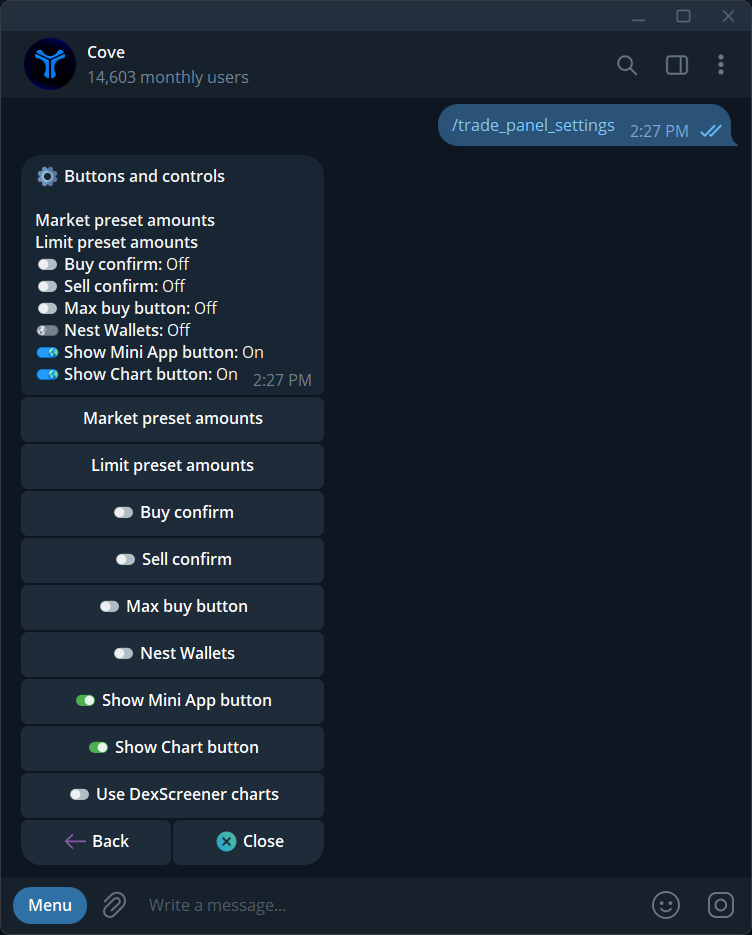 Buttons and controls with Market and Limit preset hubs.