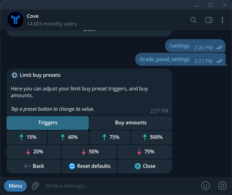 Editable Limit buy trigger presets.