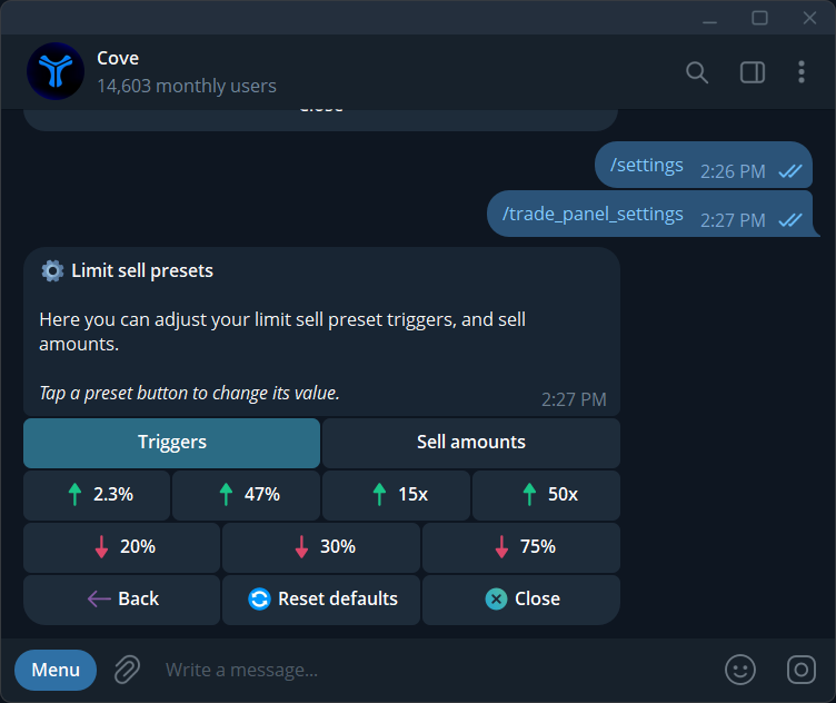Editable Limit sell trigger presets.
