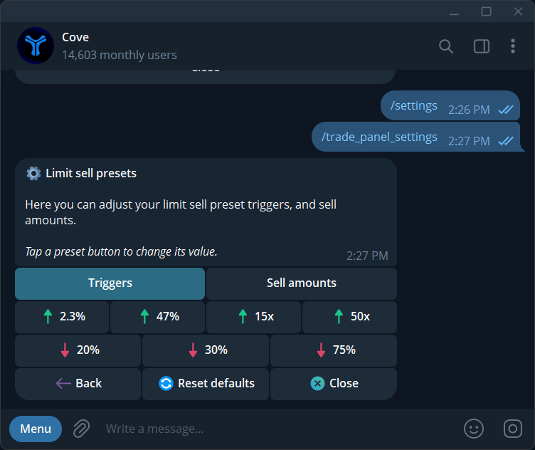 Editable Limit sell trigger presets.