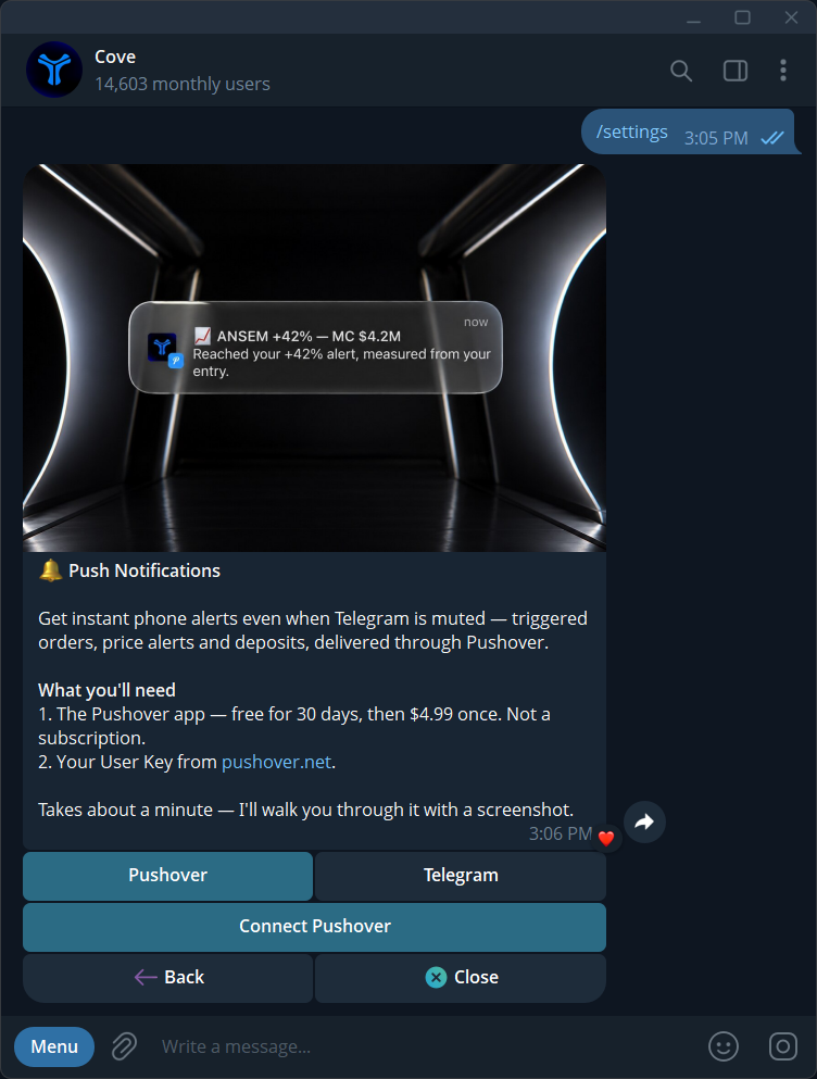 Current Pushover tab, with no User Key visible.