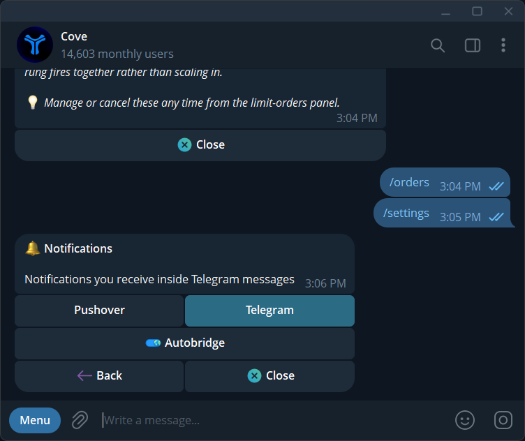Notifications Telegram tab and auto-bridge toggle.