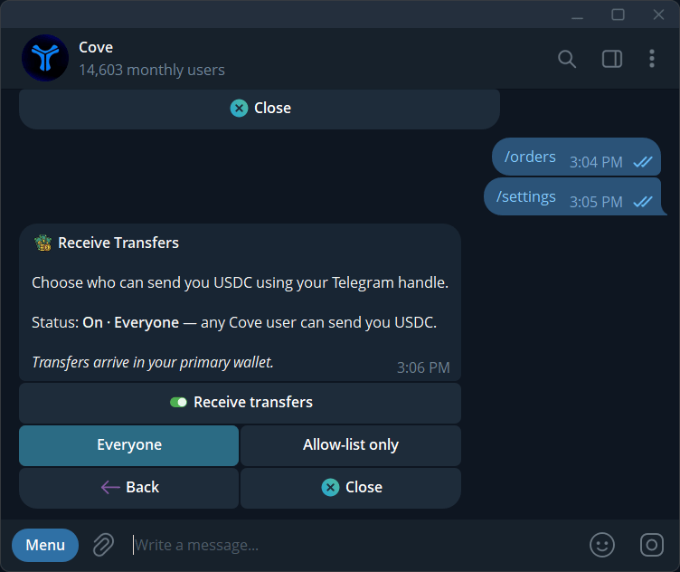 Receive transfers with Everyone and Allow-list only choices; use a safe demo handle.
