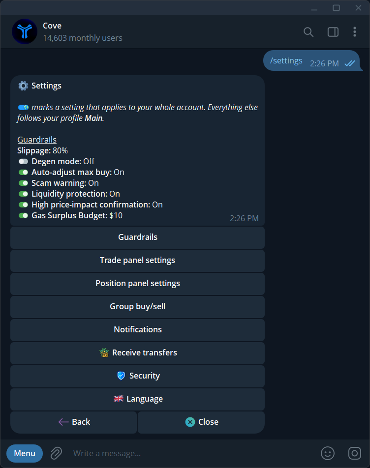 Current eight-entry Settings menu, including Receive transfers and Security.