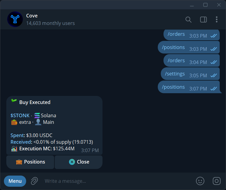 Executed buy with token quantity, share of supply, and Execution MC.