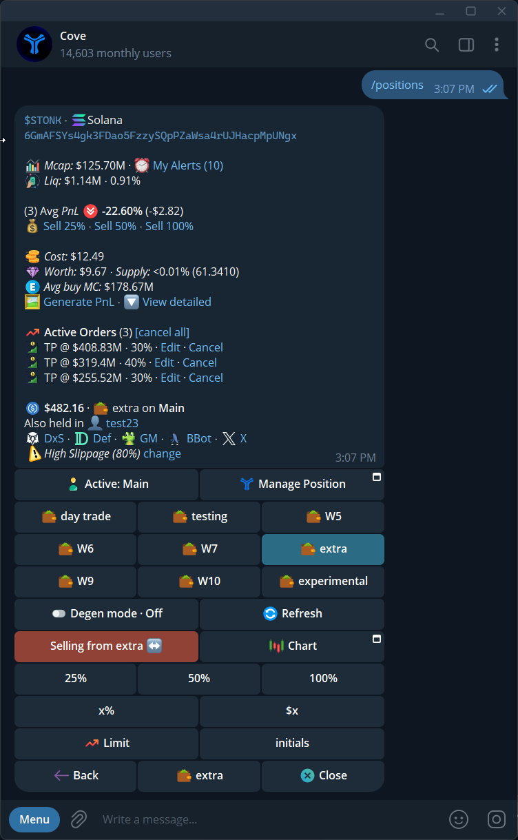 Current Selling panel with percentage and $x choices, wallet selector, and Initials.