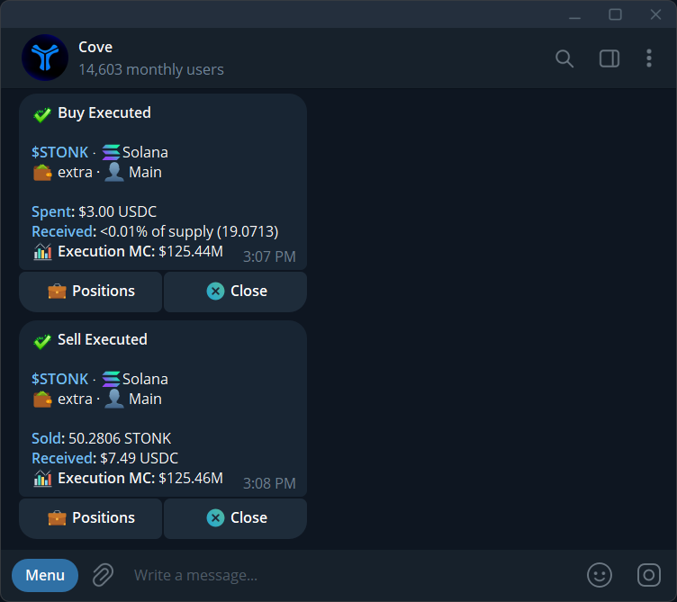 Executed sell with Sold quantity, Received USDC, and Execution MC.