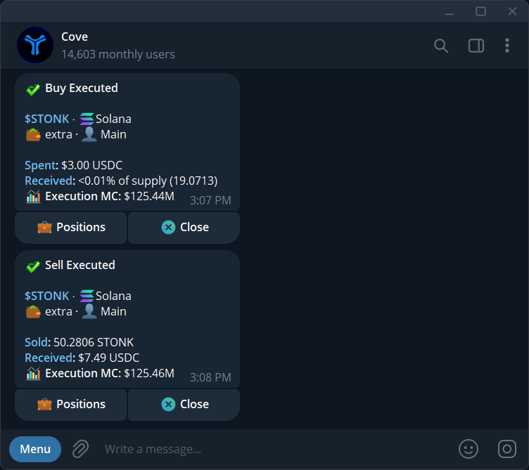 Executed sell with Sold quantity, Received USDC, and Execution MC.