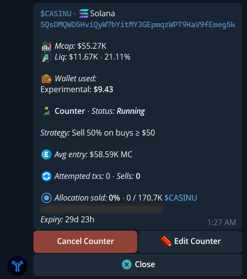 Counter Sell detail with Running status, attempted sales, allocation sold, expiry, Cancel, and Edit.