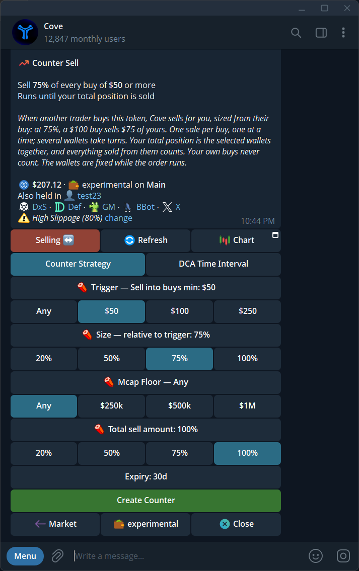 Counter Sell form with trigger, size, market-cap floor, total sell amount, expiry, and Create Counter.