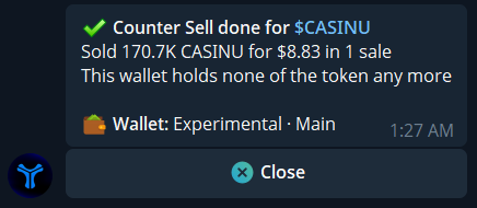 Counter Sell done message with token amount sold, proceeds, and Close.