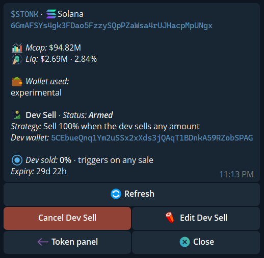 Dev Sell detail with Armed status, creator progress, Refresh, Cancel, and Edit.