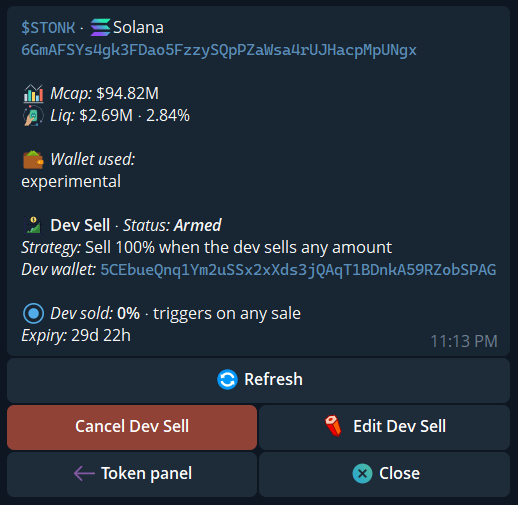 Dev Sell detail with Armed status, creator progress, Refresh, Cancel, and Edit.