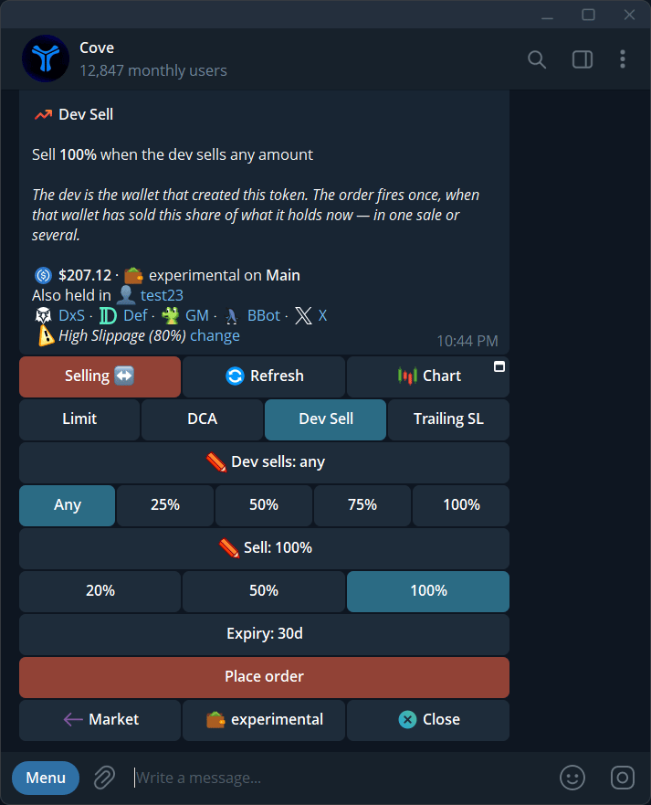 Dev Sell form with trigger and sell-size presets, expiry, and Place order.
