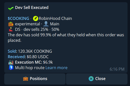 Dev Sell executed message with amount sold, proceeds, execution market cap, and Close.