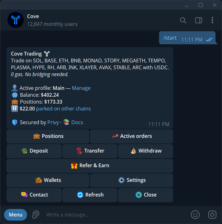 Cove main menu with the Active orders button.