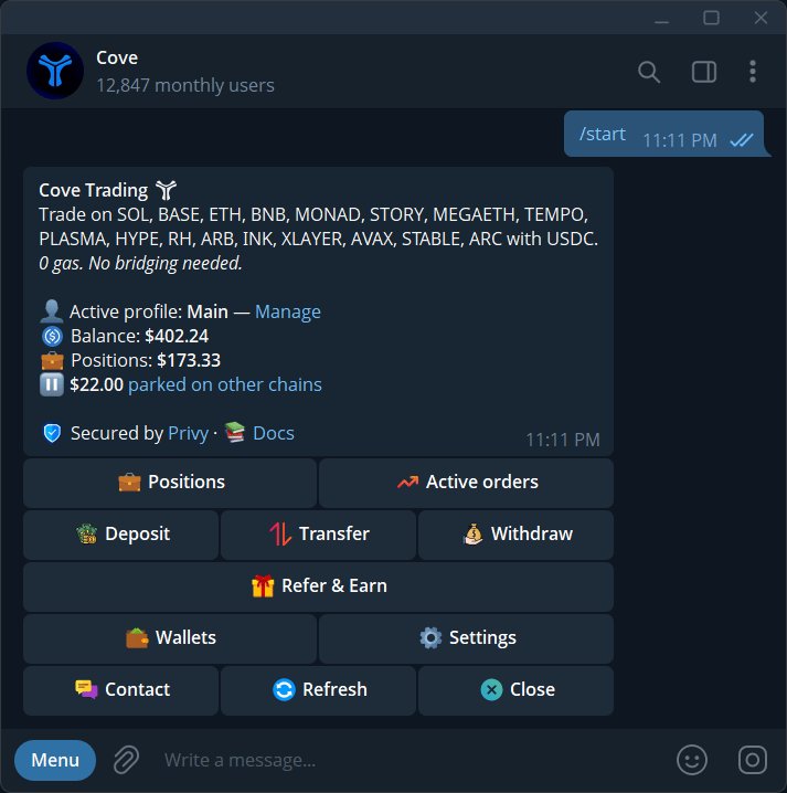 Cove main menu with the Active orders button.