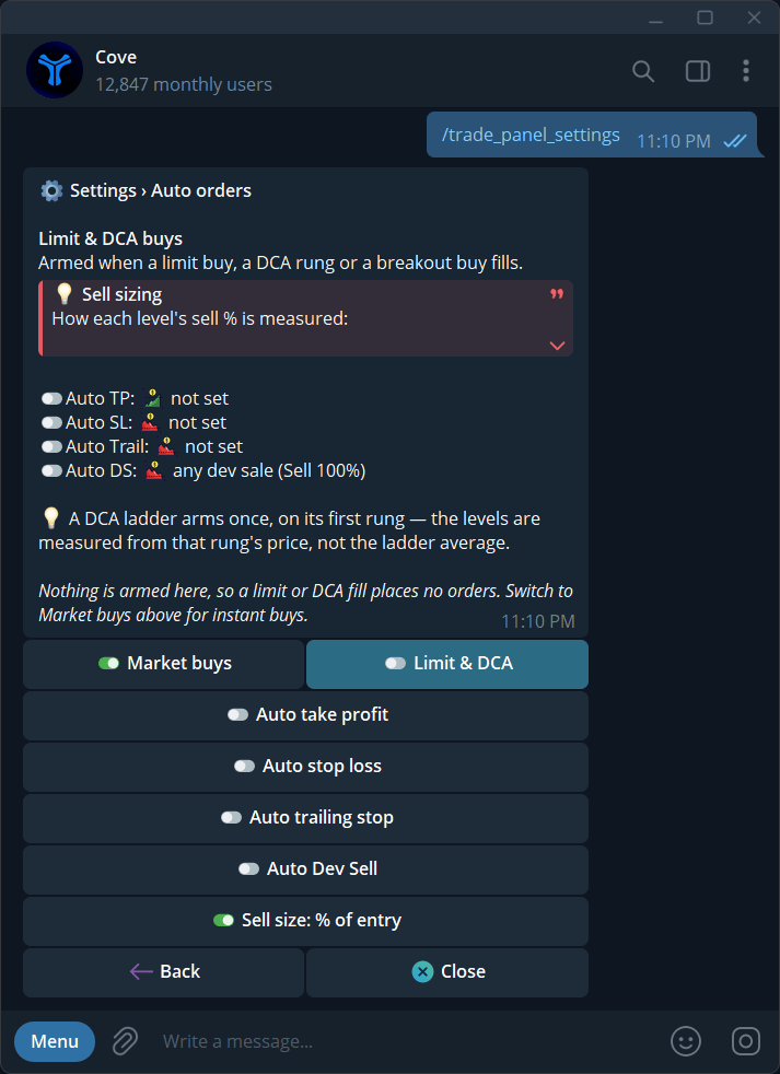 Auto orders Limit and DCA tab with separate take profit, stop loss, trailing stop, and Dev Sell controls.