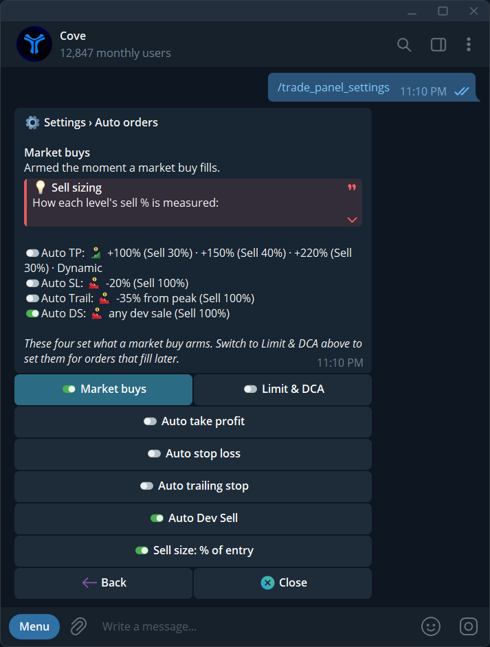 Auto orders Market buys tab with take profit, stop loss, trailing stop, and Dev Sell controls.
