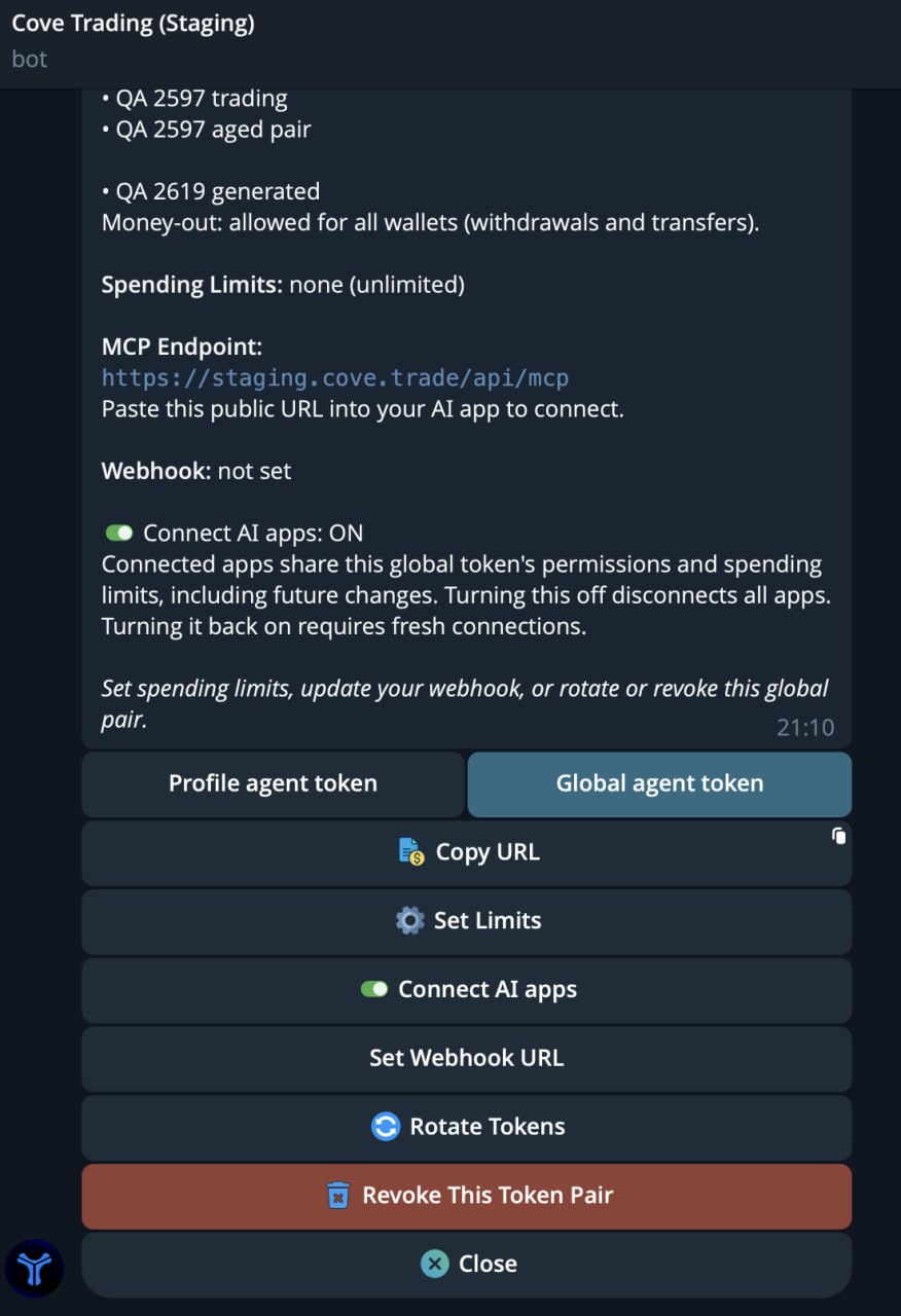 Telegram Cove /agent menu showing Global agent token tab and Connect AI apps toggle.