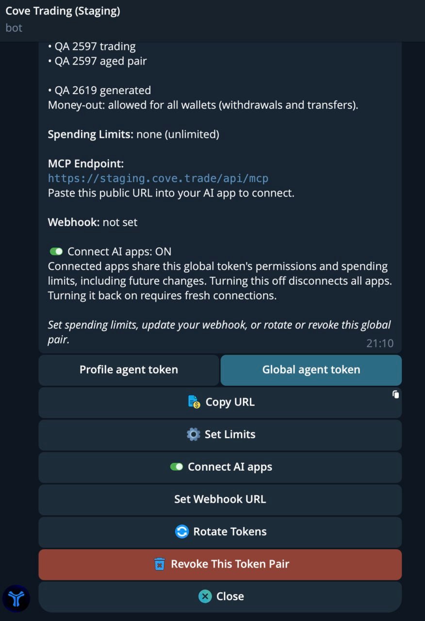 Telegram Cove /agent menu showing Global agent token tab and Connect AI apps toggle.