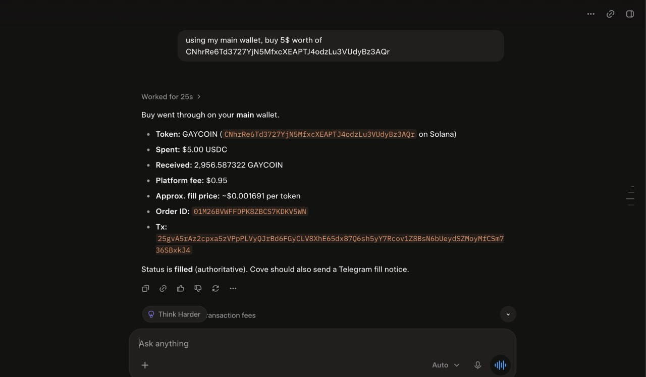 AI agent chat interface demonstrating an executed buy command with fill details.