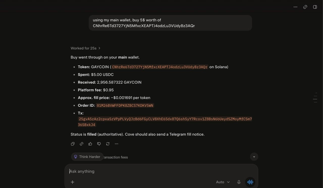 AI agent chat interface demonstrating an executed buy command with fill details.