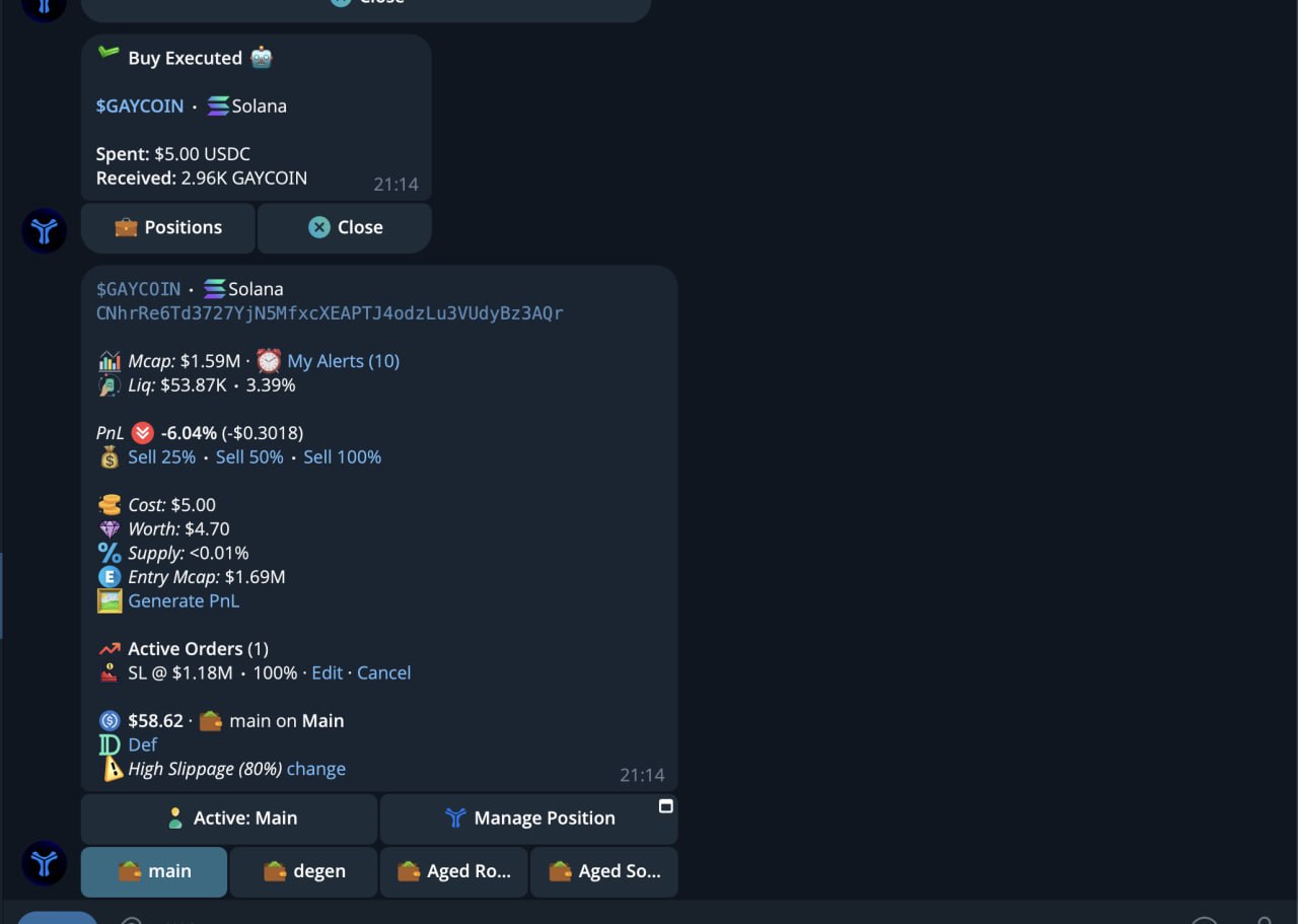 Telegram notification showing Agent Buy execution and updated token position card.