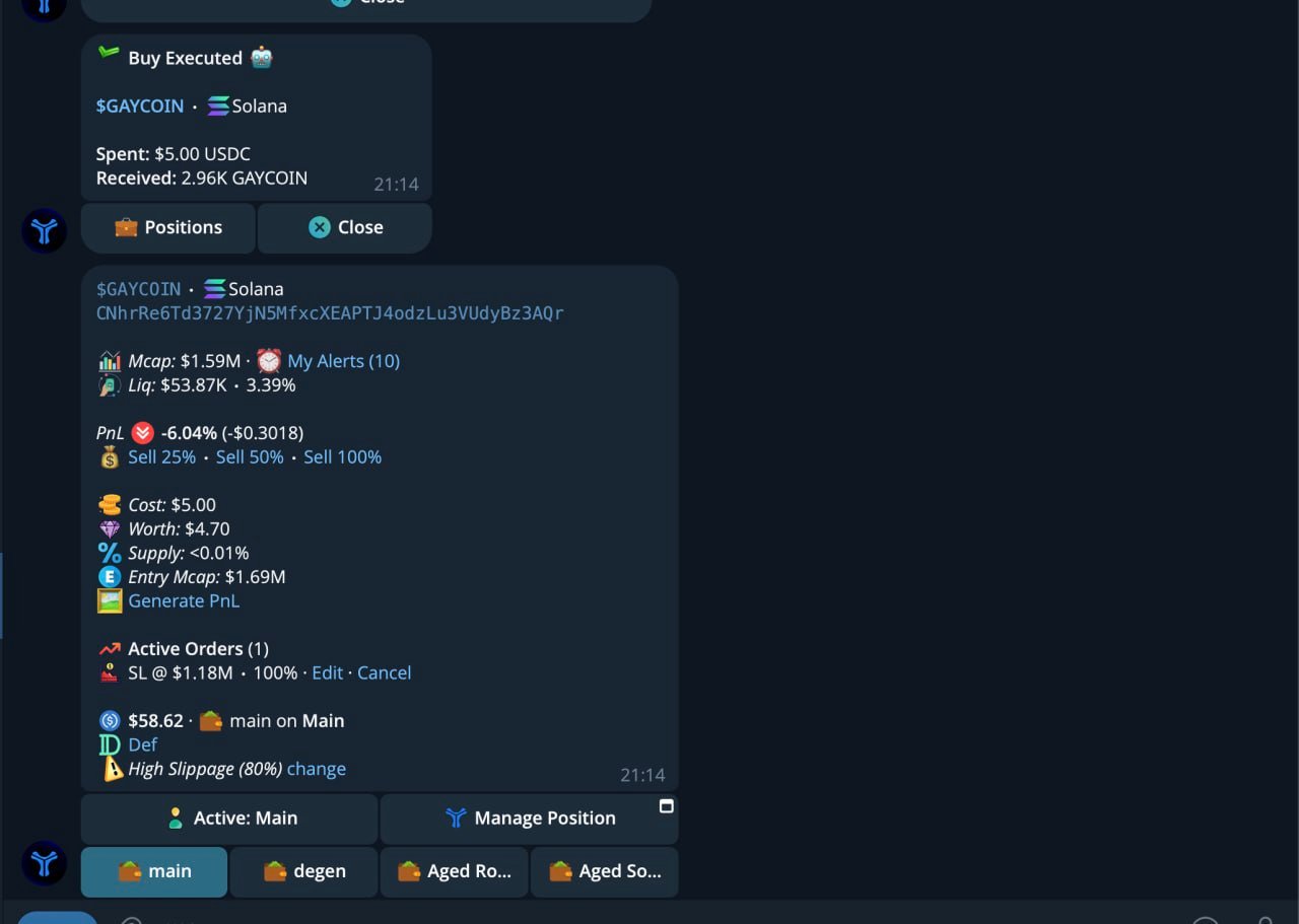 Telegram notification showing Agent Buy execution and updated token position card.