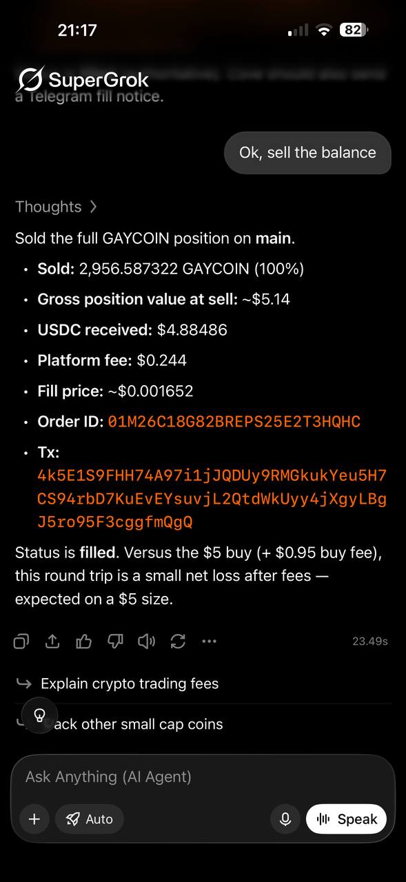 AI agent chat showing a completed position sell command with return calculations.