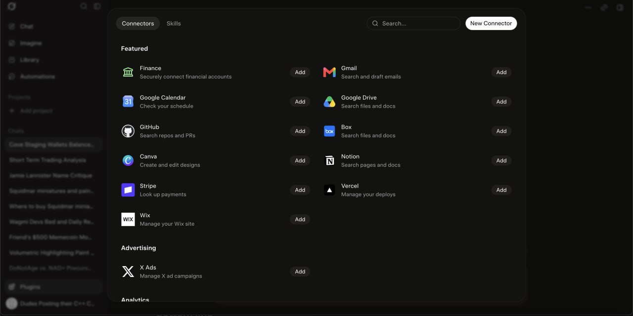 AI application settings interface with Connectors tab and New Connector button.