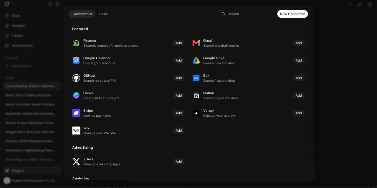 AI application settings interface with Connectors tab and New Connector button.