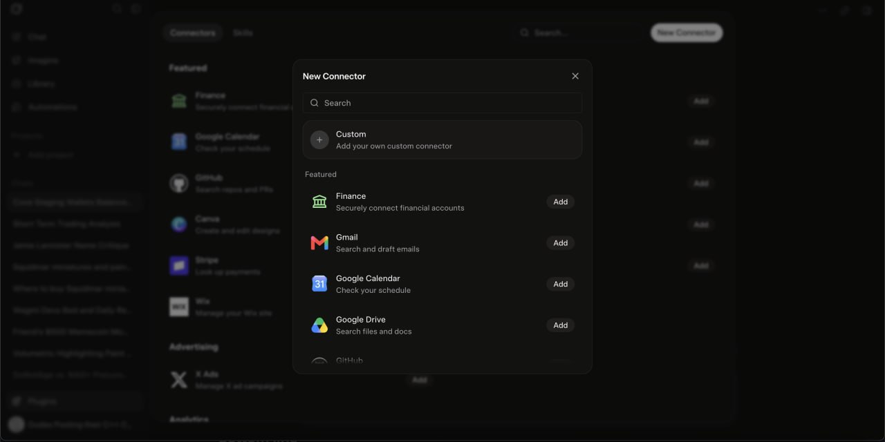 New Connector dialog with option to add a custom connector.