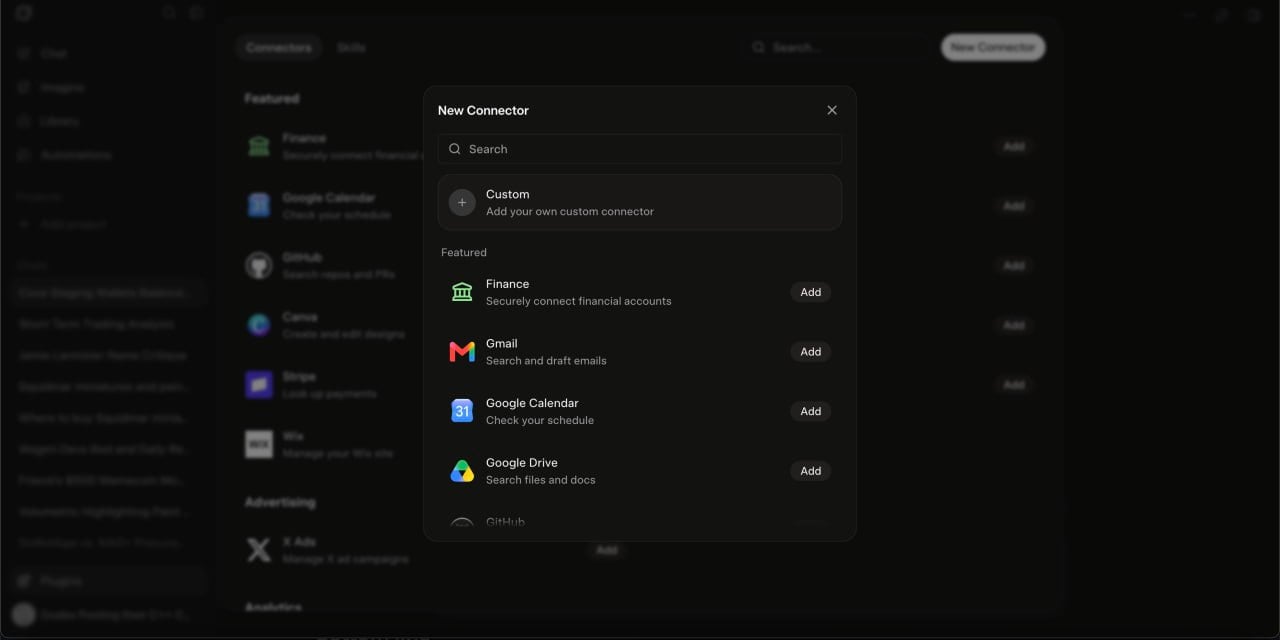 New Connector dialog with option to add a custom connector.
