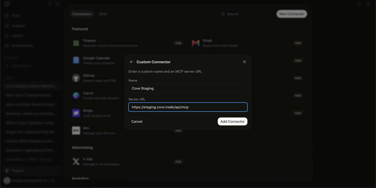 Custom Connector setup form with Name and Server URL fields.