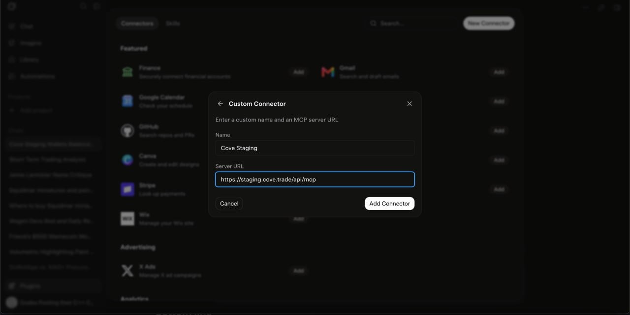 Custom Connector setup form with Name and Server URL fields.