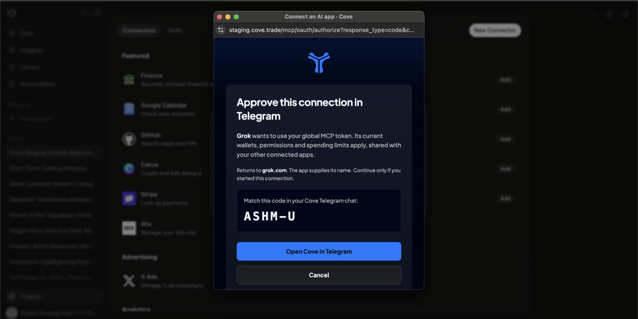 Cove OAuth approval pop-up showing verification code and Telegram redirect button.