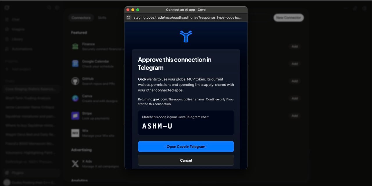 Cove OAuth approval pop-up showing verification code and Telegram redirect button.