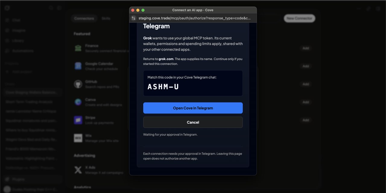 OAuth popup window showing waiting status for Telegram approval.