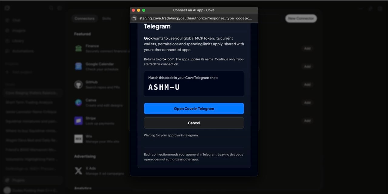 OAuth popup window showing waiting status for Telegram approval.