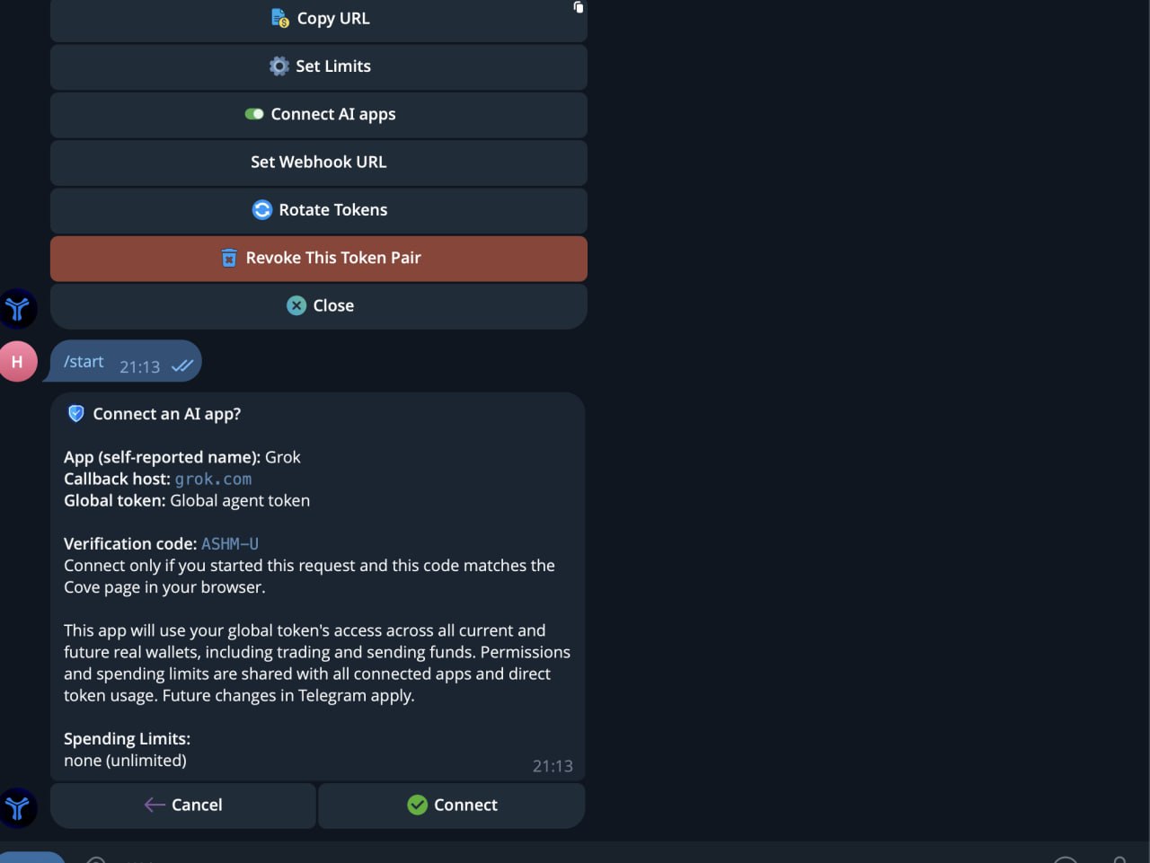 Telegram chat prompt asking to confirm connection with matching verification code.