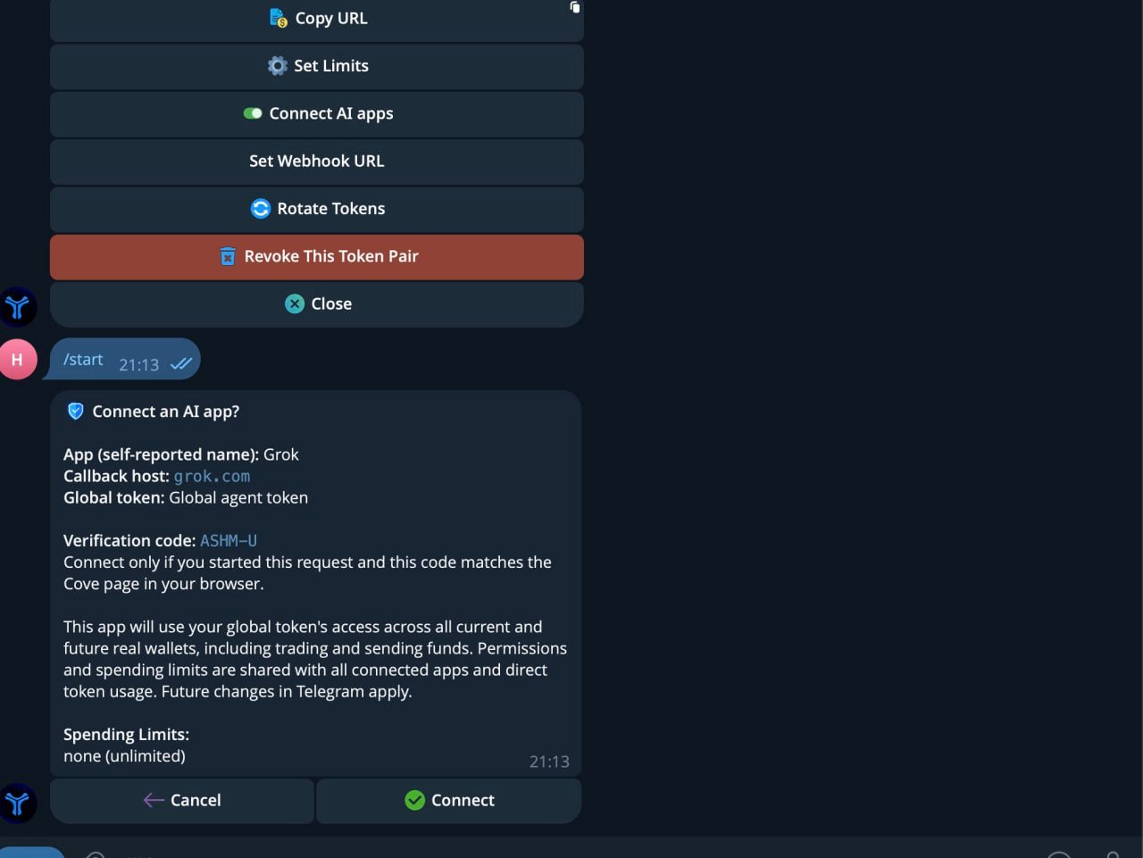 Telegram chat prompt asking to confirm connection with matching verification code.