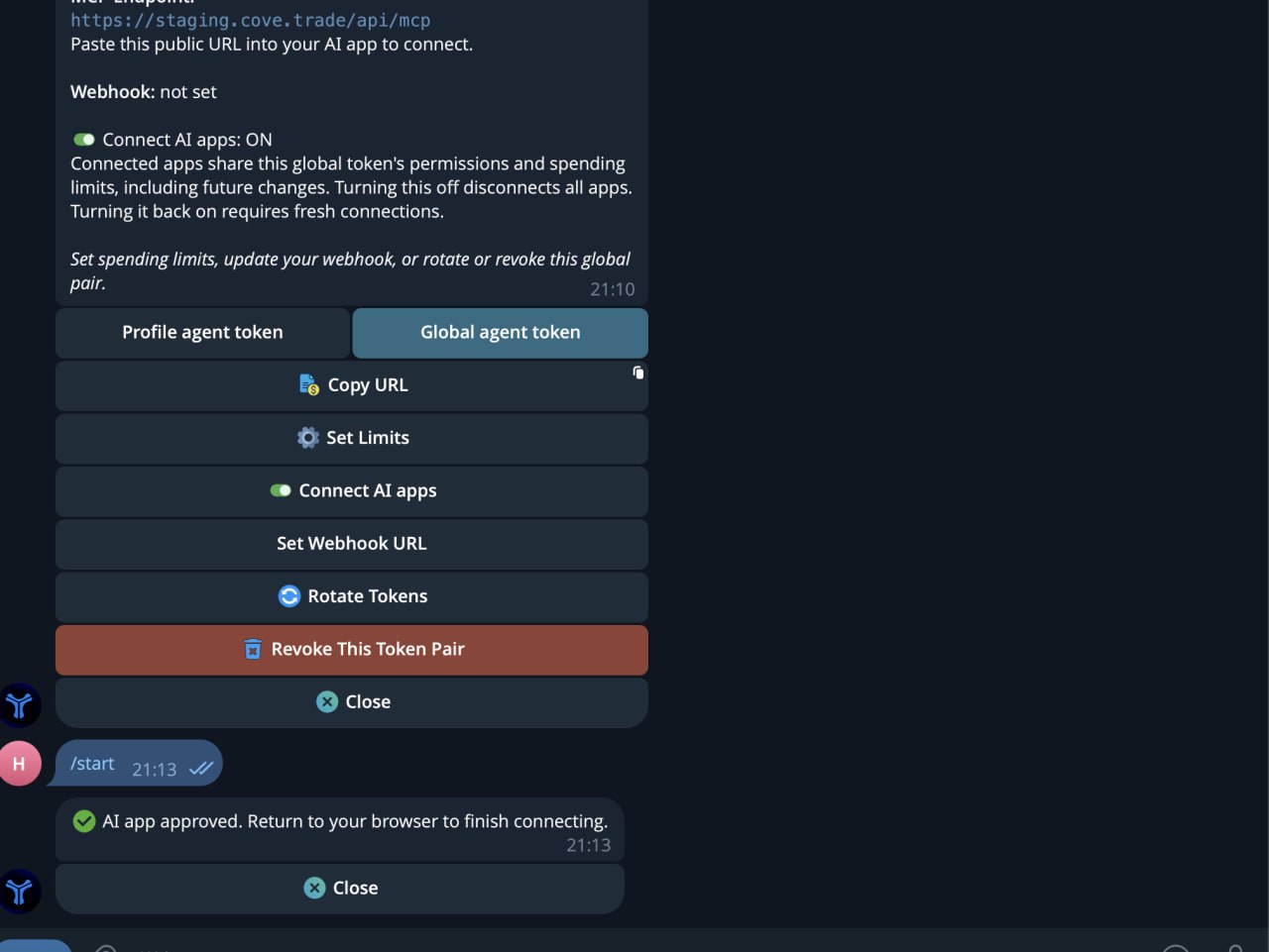 Telegram chat message confirming successful AI app approval.