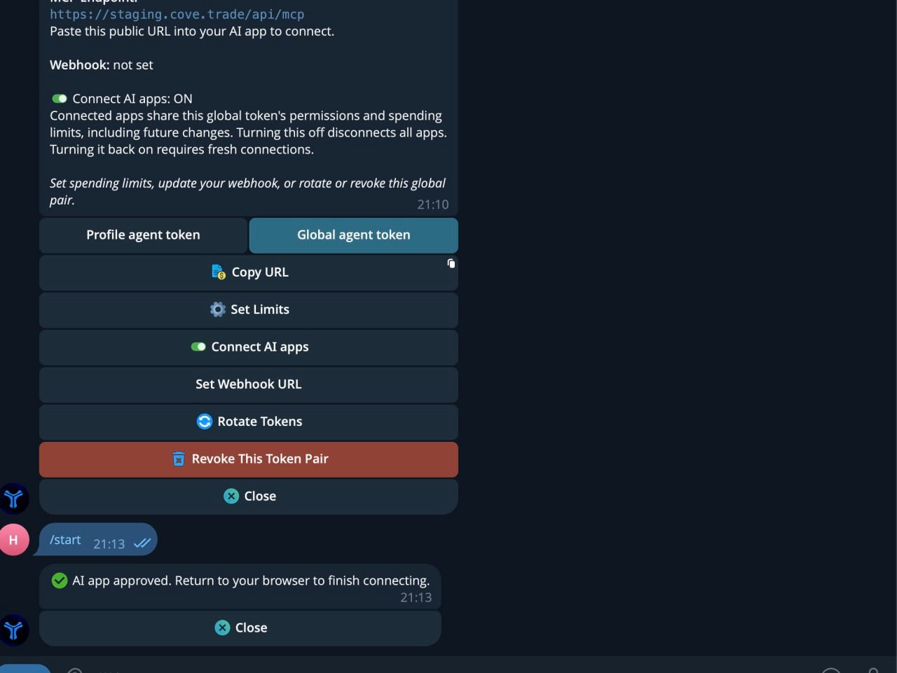 Telegram chat message confirming successful AI app approval.