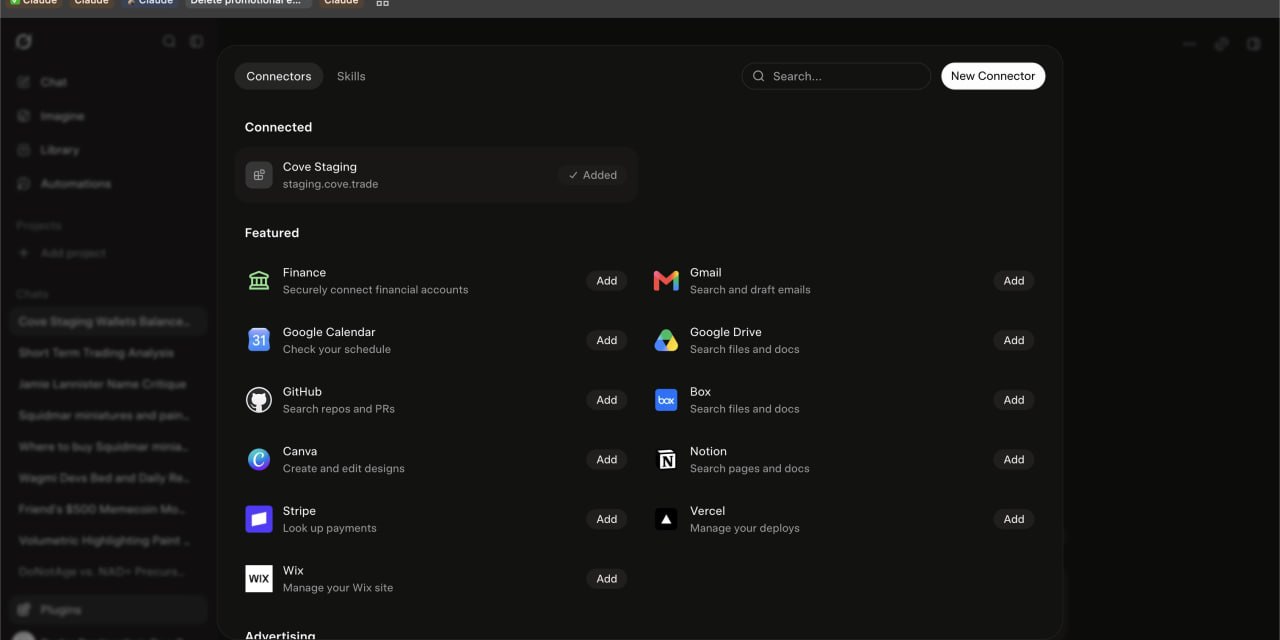 AI client connectors list showing Cove Staging as added.