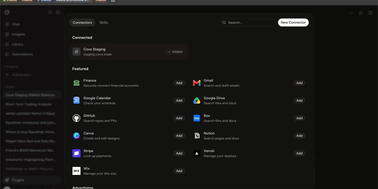 AI client connectors list showing Cove Staging as added.