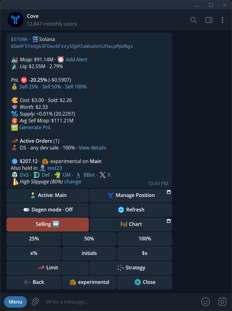 Token sell panel with separate Limit and Strategy buttons.